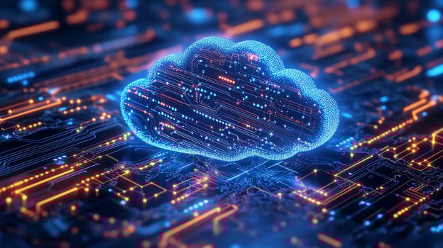 Digital cloud computing concept glowing cloud icon on circuit board. photo
