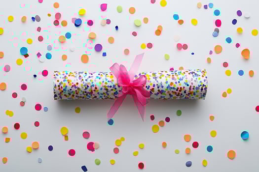 Colorful confetti party cracker with pink ribbon on white background. photo