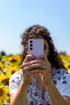 Close-up of two female hands holding a pink cell phone while taking a photograph in a sunflower field photo