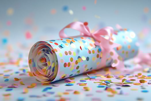 Rolled colorful confetti paper tied with pink ribbon. photo