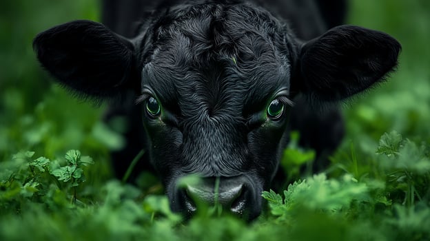 Closeup of a black calf with striking green eyes, peering from lush green grass. photo
