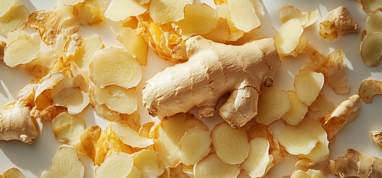 Peeled ginger root and its thin slices on a white background. photo