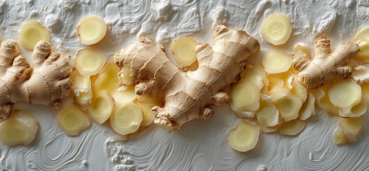 Fresh ginger root and slices arranged on a white textured background. photo
