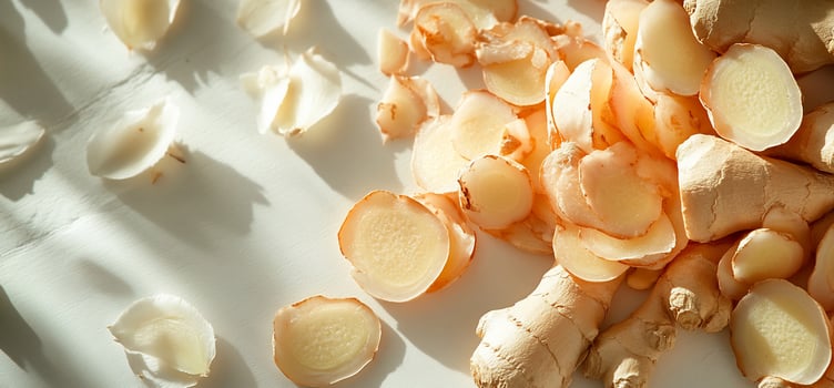 Fresh ginger root sliced and peeled on white background. photo