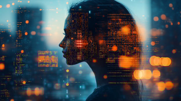 Woman's profile overlaid with digital data against city lights. photo