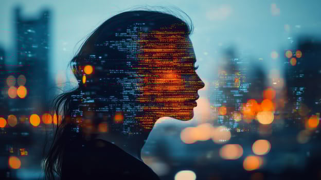 Woman's profile silhouette overlaid with digital code against city lights. photo