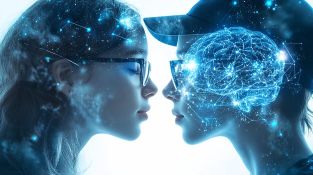 Two young people face each other, their heads overlaid with a digital brain and galaxy. photo