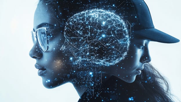 Double exposure of woman and child profiles with glowing brain network. photo