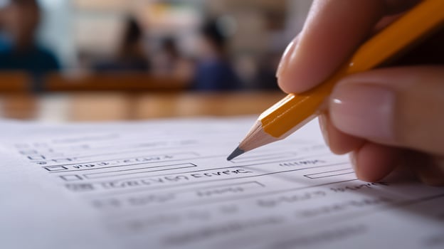 Closeup of hand filling out a form with a pencil. photo