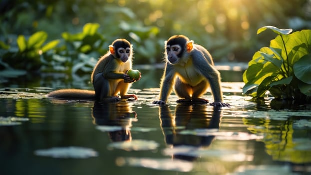 Two playful monkeys interacting by a serene pond surrounded by lush greenery during sunset photo