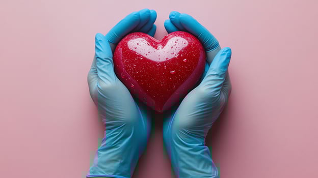 Gloved hands gently hold a red heart on pink background. photo