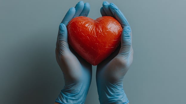 Hands in blue gloves gently hold a red heart. photo