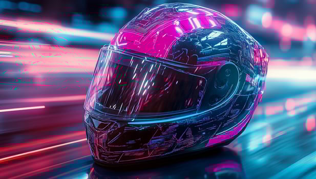 Futuristic pink and black motorcycle helmet with neon lights. photo