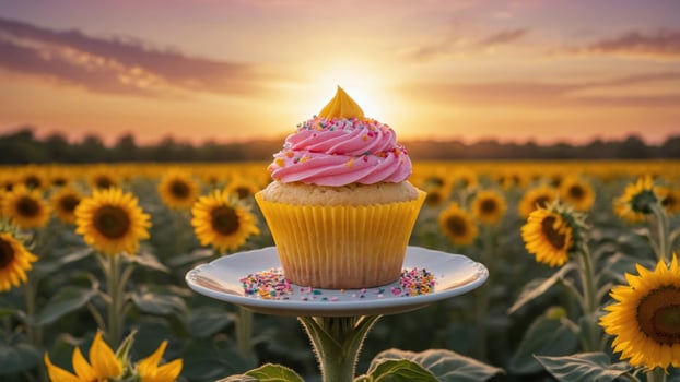 A vibrant cupcake with pink frosting and sprinkles sits on a plate in a sunflower field at sunset photo