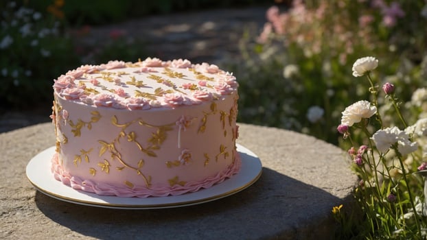 Beautiful pink wedding cake adorned with golden floral designs, placed on a stone surface in a garden photo