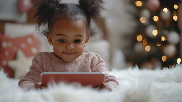 Toddler girl using tablet on fluffy bed, Christmas lights background. photo