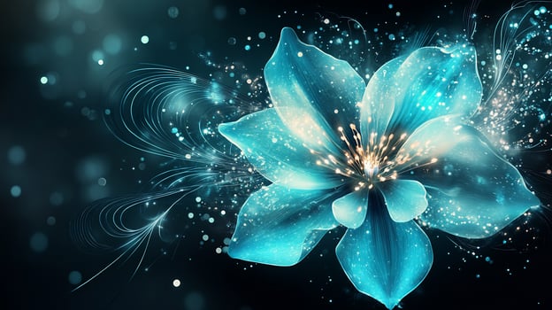 Glowing teal flower with sparkles on dark background. photo