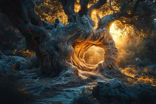 Ancient tree with a large hole, sunlight shining through. photo