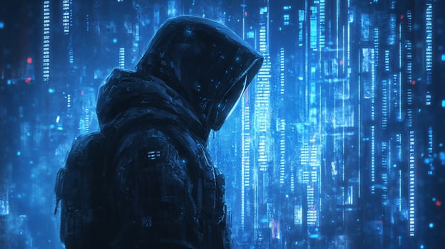 Hooded figure in futuristic digital landscape. photo