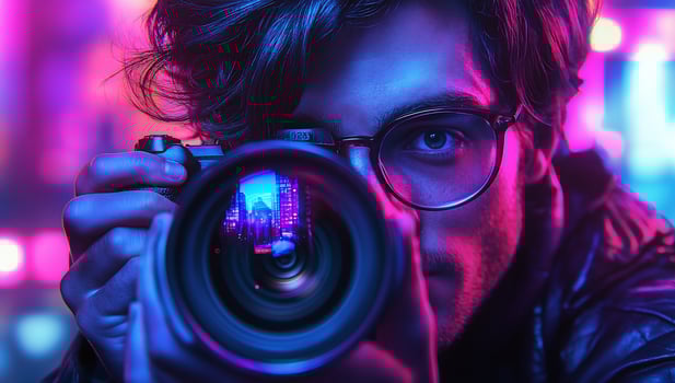 Young photographer with camera, neon lights background. photo