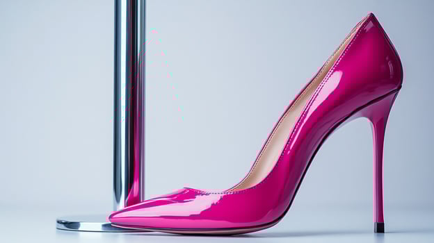 Closeup of a single vibrant pink highheeled pump next to a chrome pole on a white background. photo