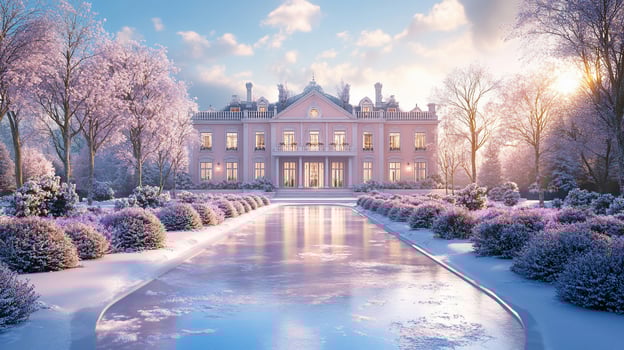 Majestic winter mansion reflected in a frozen pond. photo