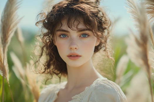 Portrait of a young woman with curly hair and blue eyes, standing in a field of tall grass. photo