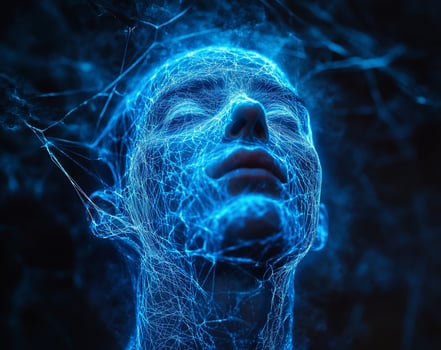 Glowing blue energy network enveloping a serene face. photo