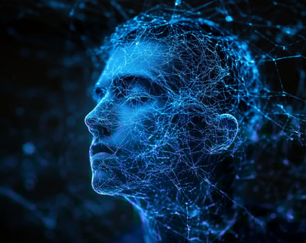 Abstract portrait of a man's face overlaid with a glowing network. photo