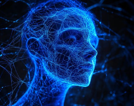 Abstract digital portrait of a woman's face formed by glowing blue lines and nodes on a black background. photo
