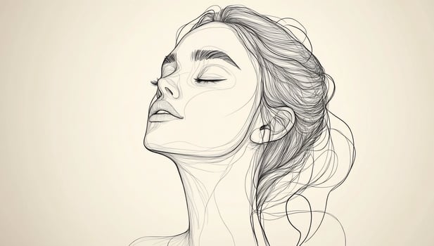 Line art portrait of a serene woman with eyes closed, head tilted back, suggesting peace and tranquility. photo