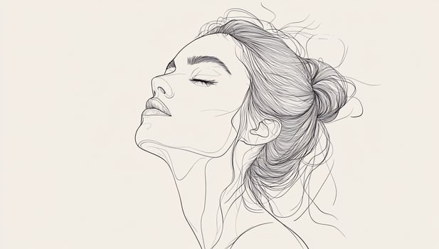 Line art drawing of a woman with eyes closed, hair in a bun. photo
