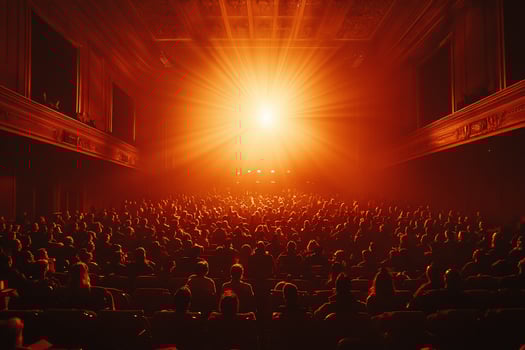 Bright stage light illuminating a large audience in a theater. photo
