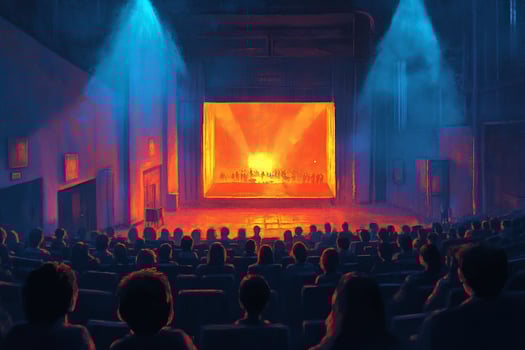 Audience watching a performance on stage in a large hall. photo