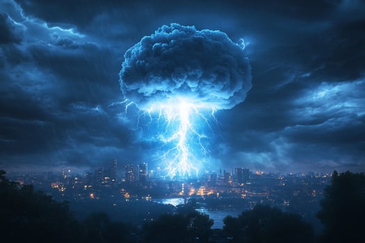 Dramatic lightning storm over city at night. photo