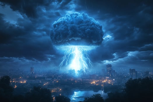 Night cityscape with massive lightning storm and ominous cloud resembling a mushroom cloud. photo
