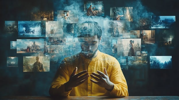 Man surrounded by images, digital content, metaverse concept. photo