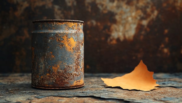 Rusty metal can and dried leaf on grunge background. photo