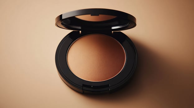 Open compact of bronzer powder, brown shade, black container. photo