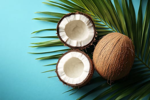 Two halved coconuts and one whole coconut with palm leaves on a blue background. photo