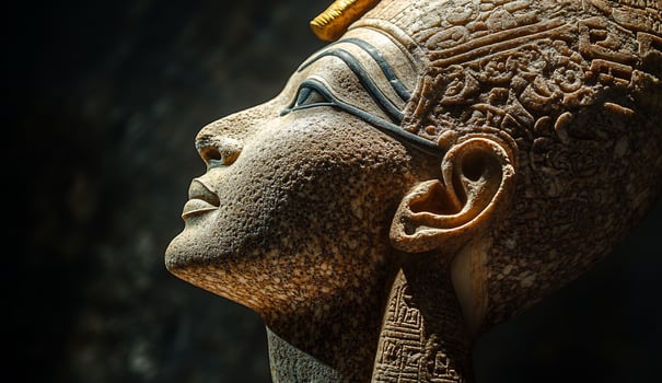 Closeup of an ancient Egyptian pharaoh bust, showcasing intricate carvings and a regal expression. photo