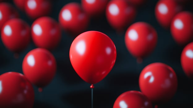 Single red balloon stands out from a crowd of identical red balloons on dark background. photo