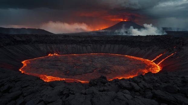 Erupting Volcano at Dusk with Flowing Lava and Dramatic Clouds in the Background photo