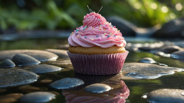 A beautifully decorated cupcake with pink frosting and sprinkles resting on smooth stones by a serene stream photo