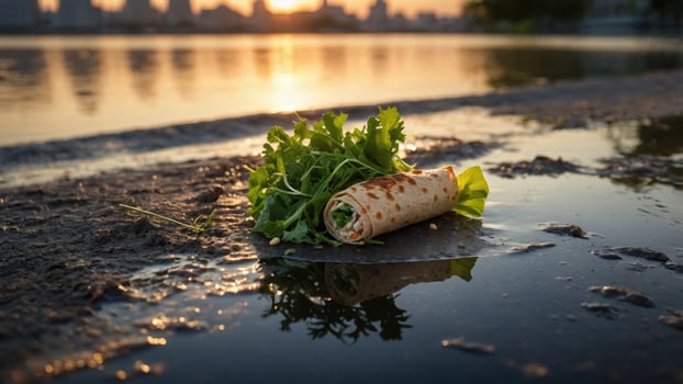 Freshly rolled wrap with greens rests on a wet surface at sunset, reflecting city skyline in background photo