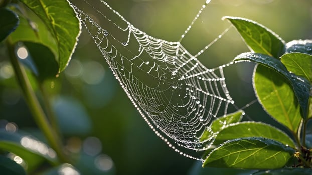 Dew-covered spider web glistening in sunlight, suspended between vibrant green leaves, nature's beauty photo