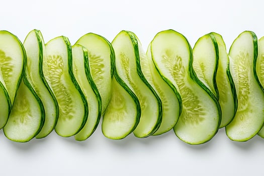 Thinly sliced cucumbers arranged in a wavy line on white background. photo