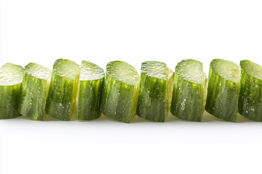 Closeup of fresh, green cucumber slices arranged in a row on a white background. photo