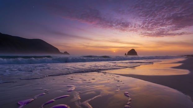 Serene sunset over a rocky coastline with gentle waves and vibrant colors reflecting on wet sand photo