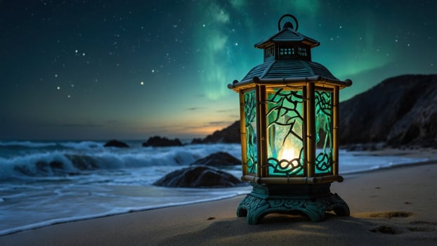 Lantern on the beach at night photo